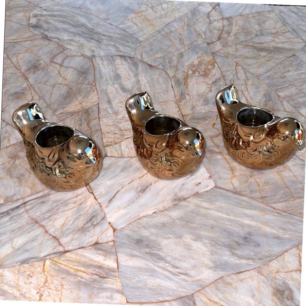 Gold Metallic Ceramic Bird Tea Light‎ Candle Holders Set of 3 Embossed Figurine